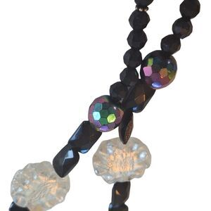 Black Beaded Choker Necklace Art Deco Faceted Glass Disc Iridescent Fire Polish